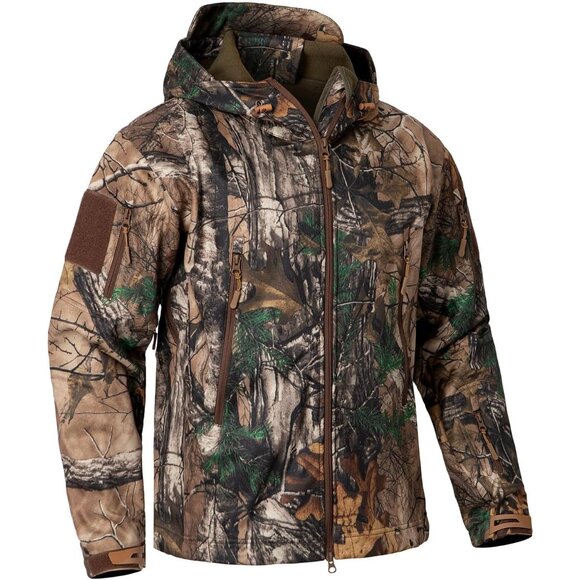 Men's Camo Quiet Hunting Jacket Waterproof Softshell Fleece Lined Camouflage Out